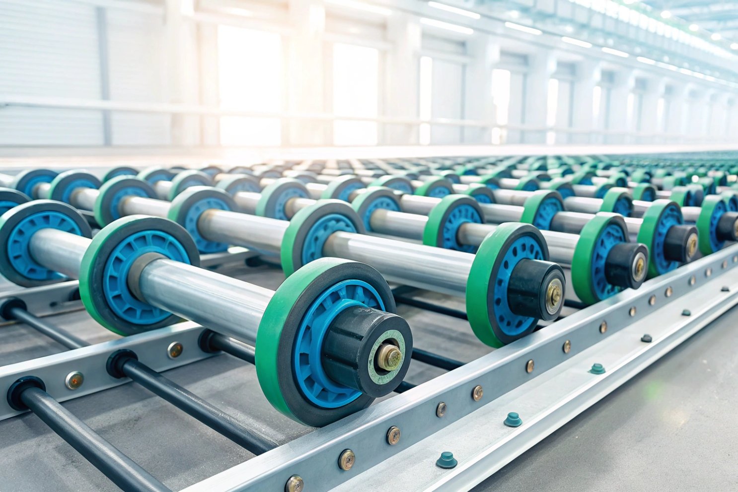 Industrial conveyor roller system Rows of green and blue industrial conveyor rollers in a bright factory setting