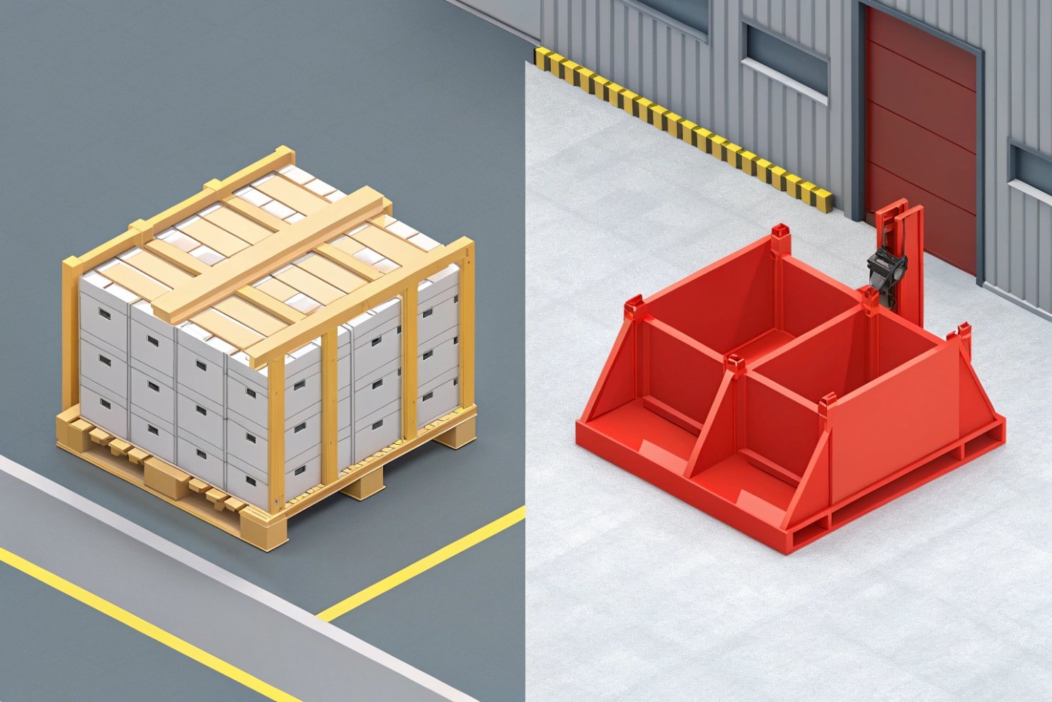 Palletized goods and metal container Split image: Palletized boxes and a red metal industrial skip or container