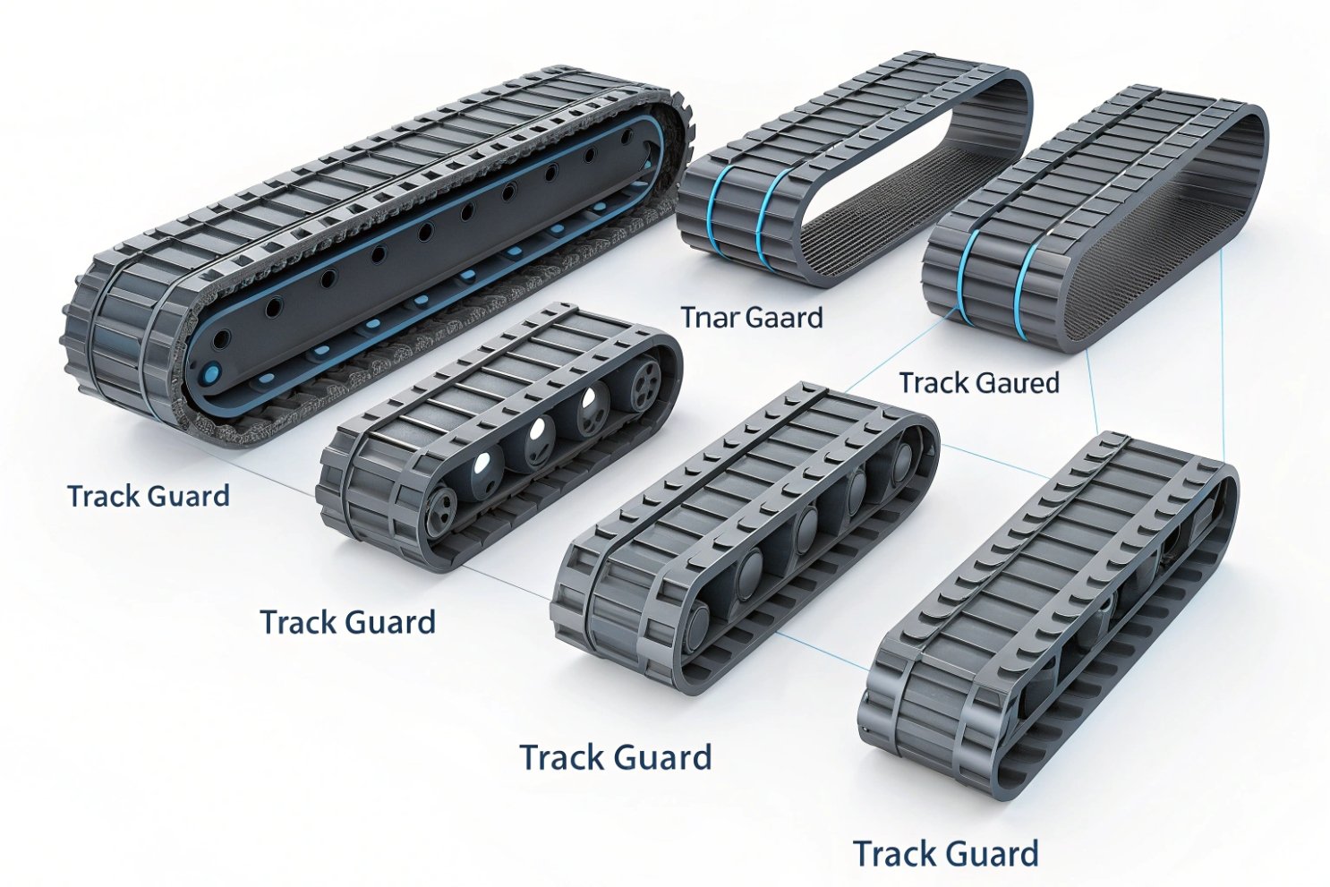 Excavator track guard components Various sizes and designs of excavator or bulldozer rubber track guards and track systems