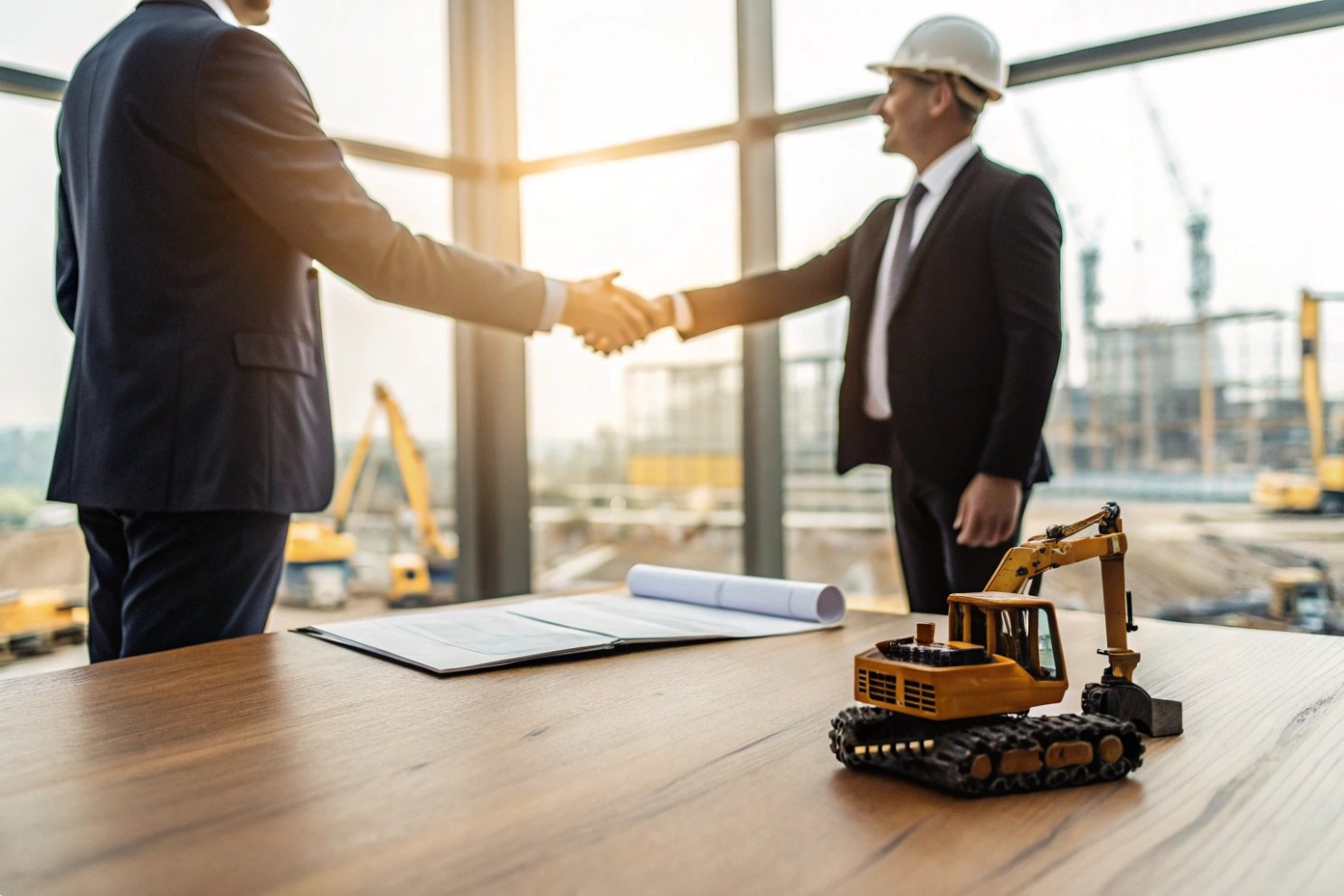 Construction Project Partnership Business partners in suits shaking hands at a construction site office with heavy machinery.