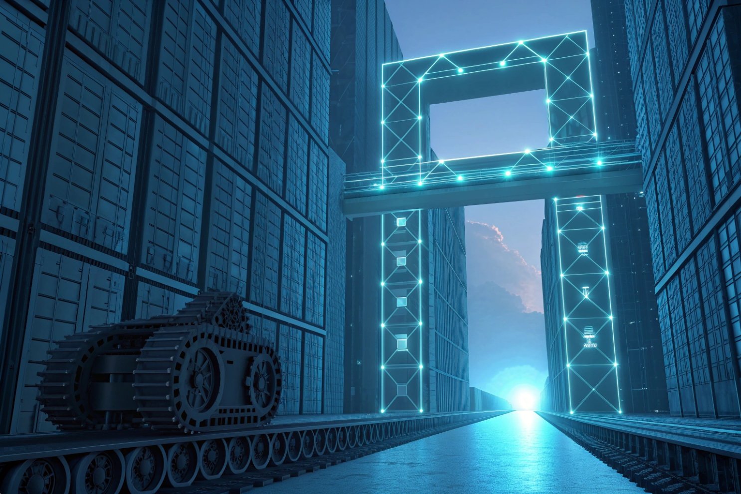 Automated Future Warehousing Futuristic automated warehouse with glowing digital structures and heavy-duty robotic crawler equipment.