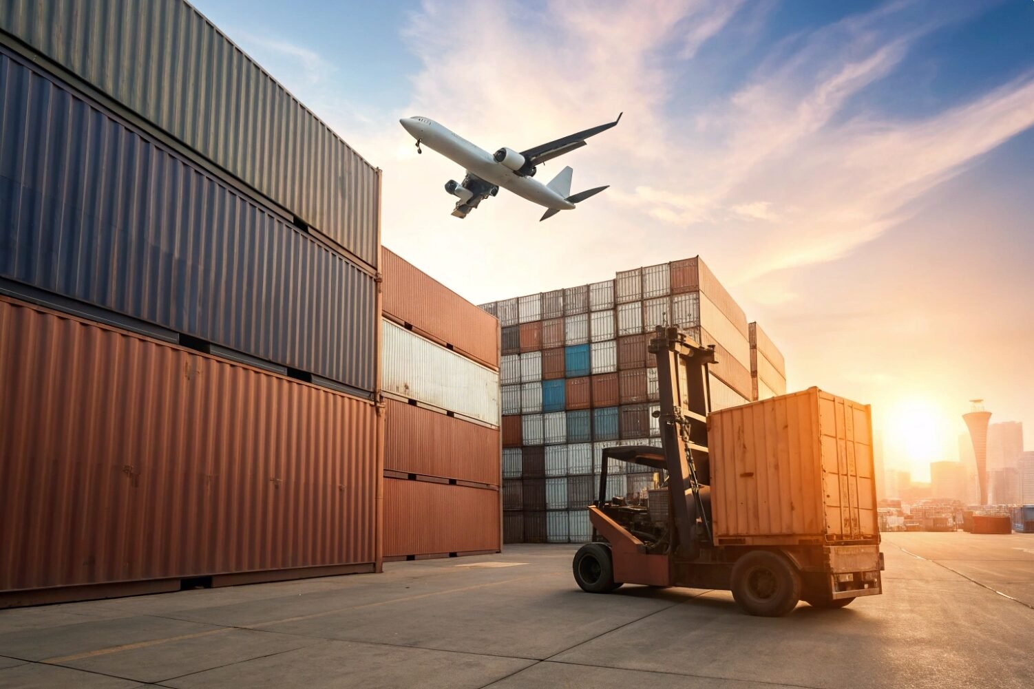Global Logistics and Shipping Logistics hub with shipping containers forklift and cargo plane at sunset