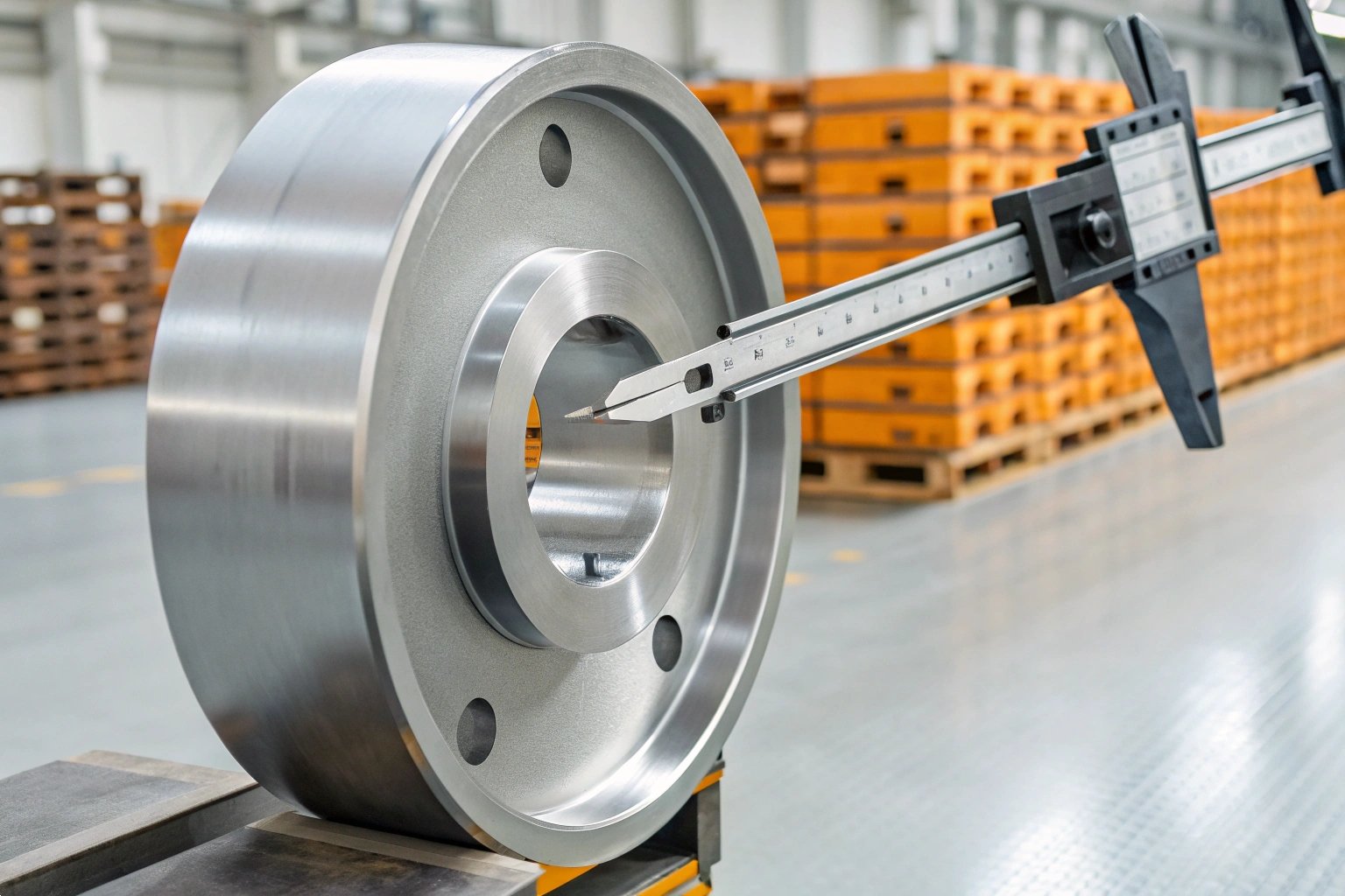 Controle de Qualidade de Engenharia de Precisão Paquímetro digital medindo o diâmetro de precisão de uma grande engrenagem industrial de aço