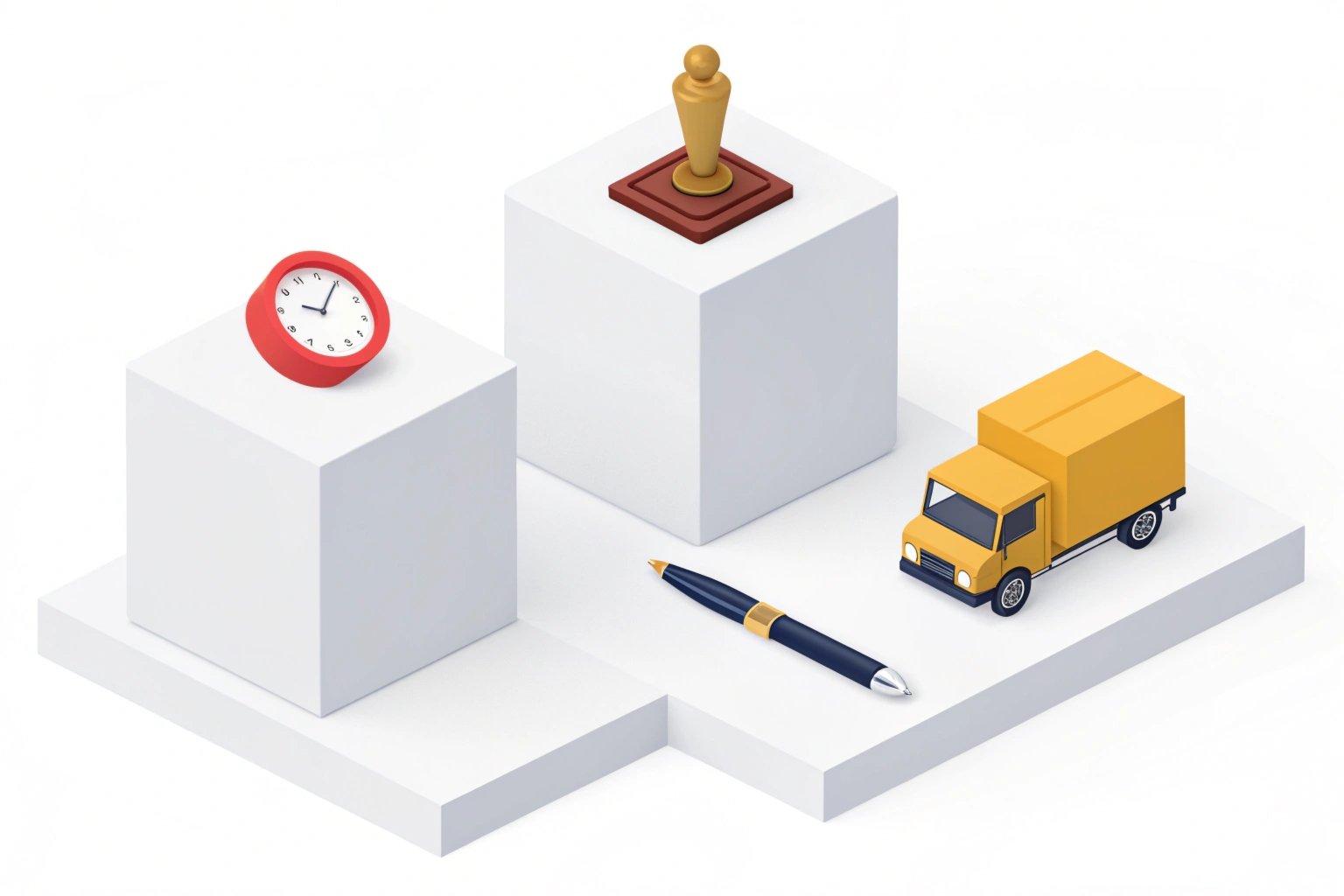 Logistics and Performance Excellence 3D isometric icons representing time management award recognition and logistics delivery services