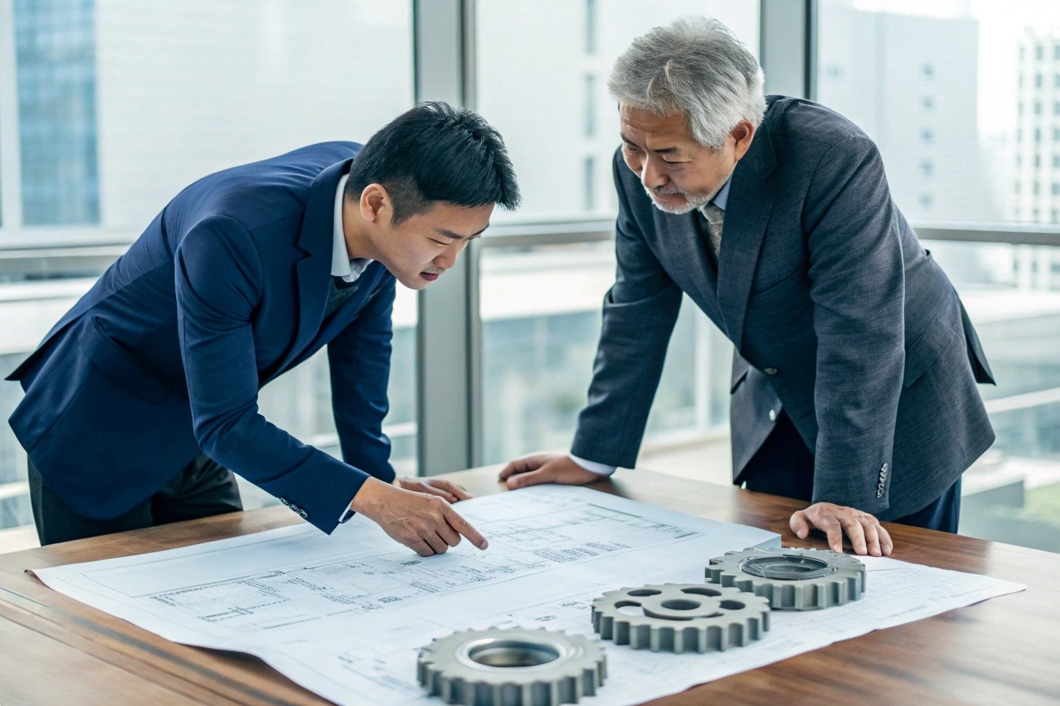 Engineering Project Planning Discussion Two engineers discussing technical blueprints and metal gear components in a bright office