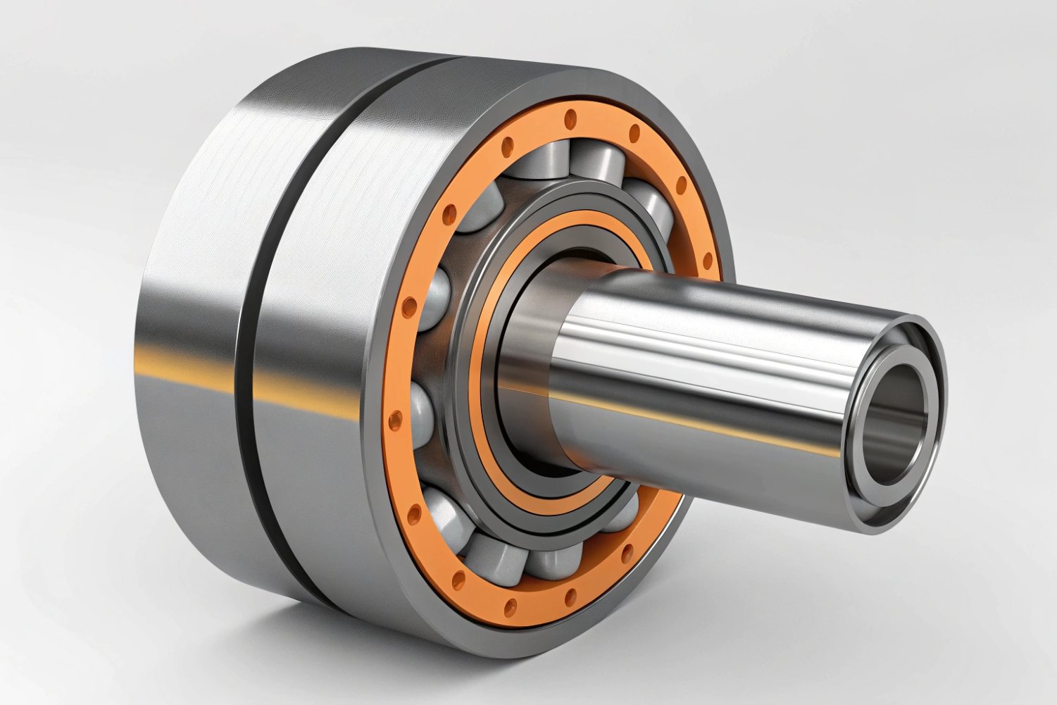 Industrial Roller Bearing Design 3D render of a heavy-duty spherical roller bearing on a steel shaft.
