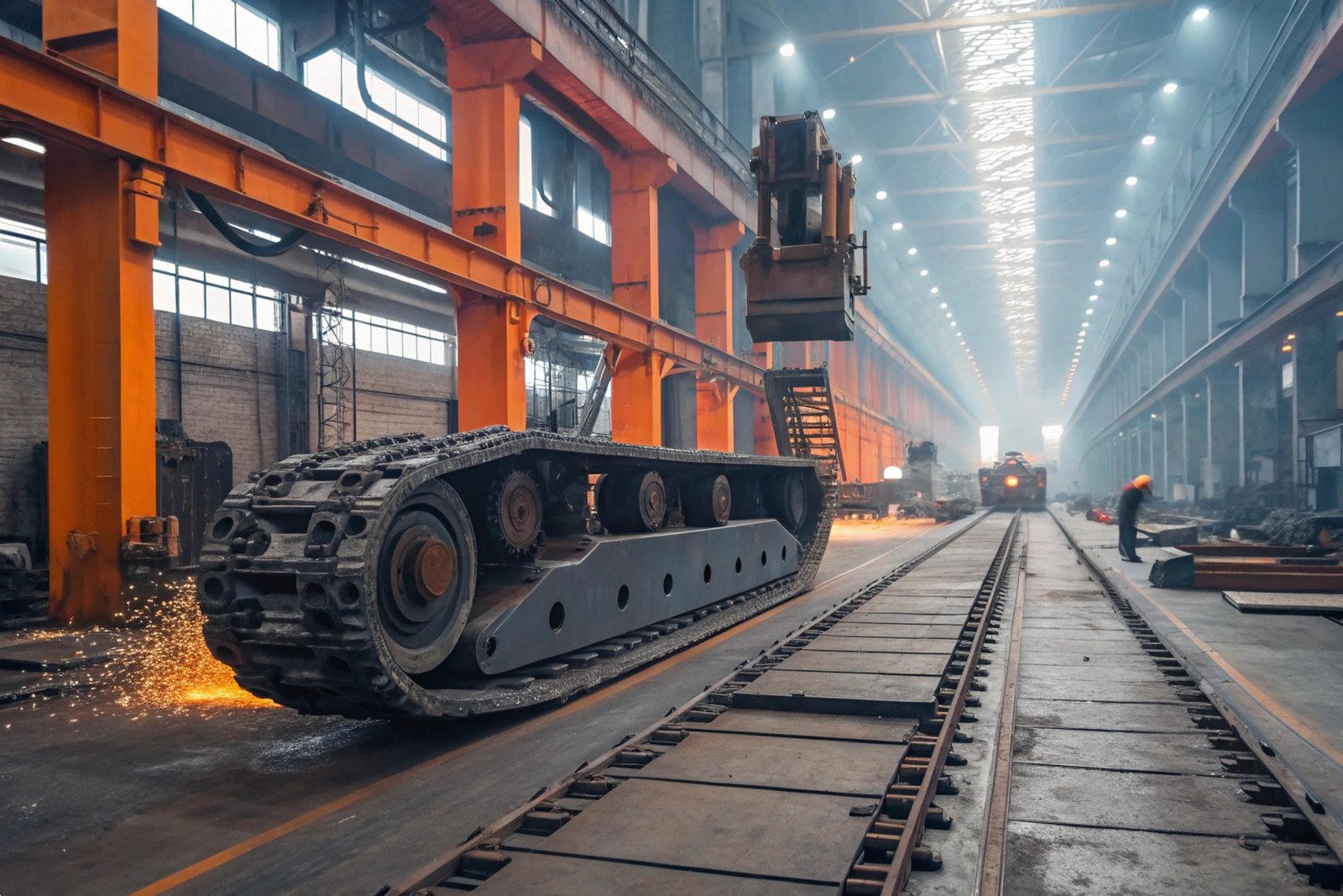 Heavy Machinery Assembly Line Heavy machinery production line featuring a large excavator track assembly in a factory.