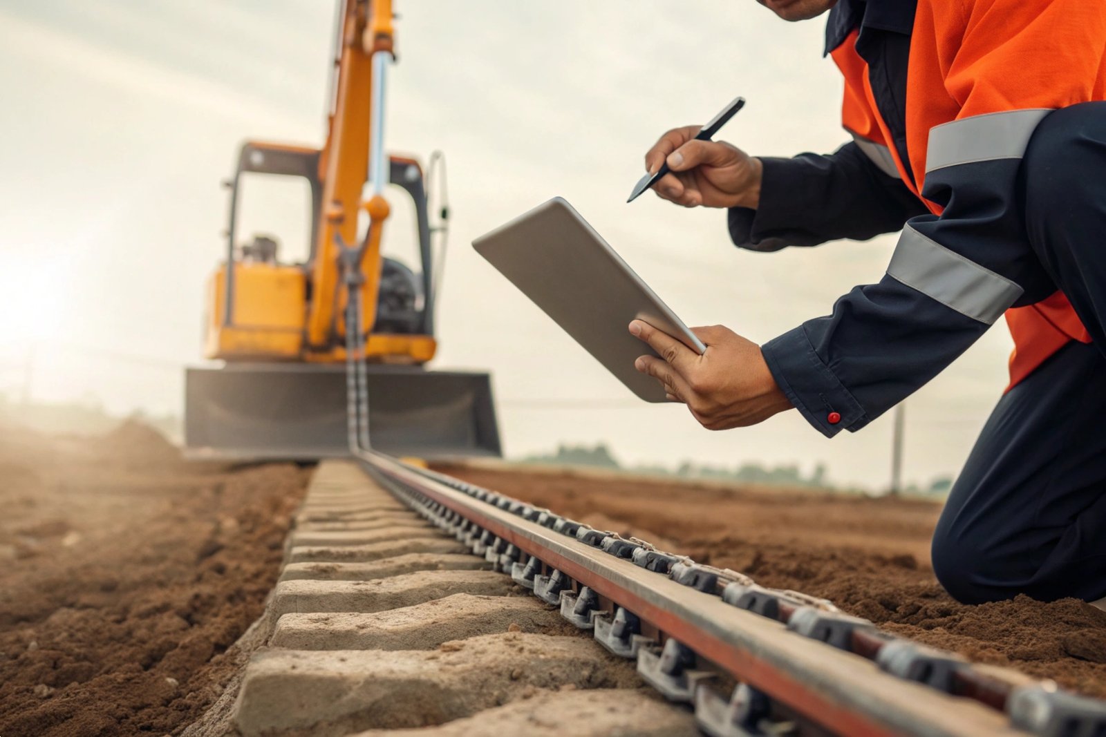 Excavator Track Quality Control Quality inspector using a digital tablet to verify excavator undercarriage track alignment.