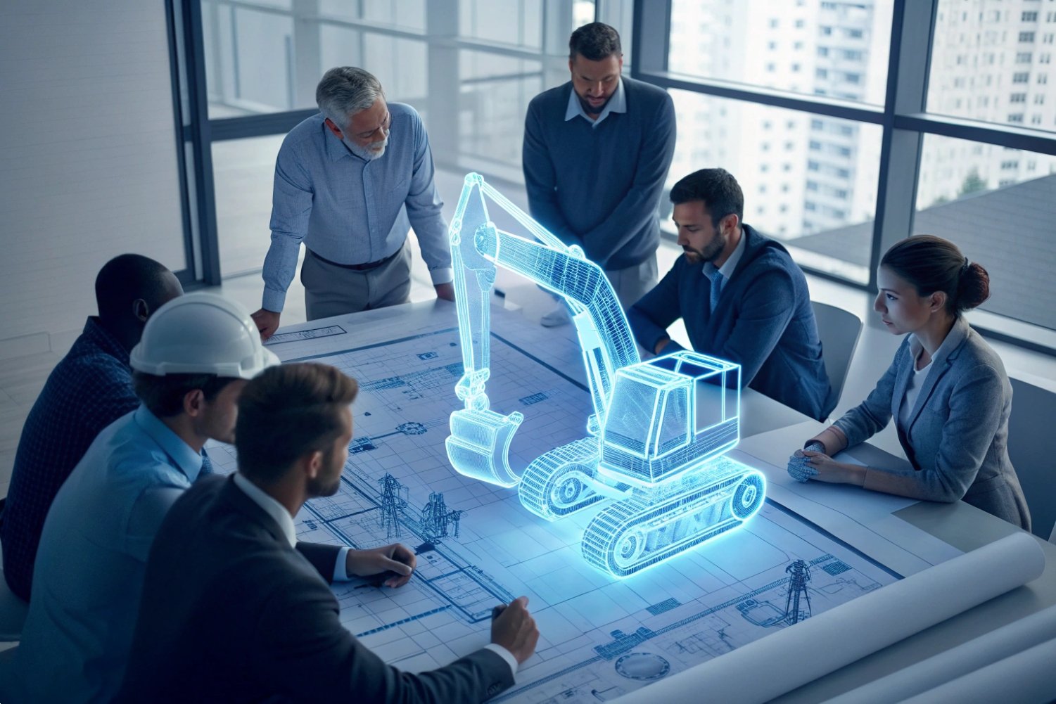 Holographic Machinery Design Meeting Engineers discussing holographic 3D excavator model during a technical project planning meeting