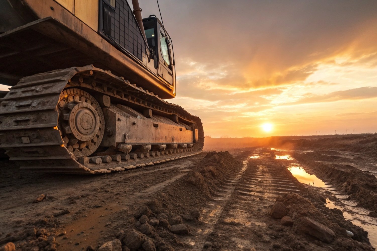 Excavator Tracks at Sunset Heavy excavator metal tracks on a muddy construction site during a golden sunset background