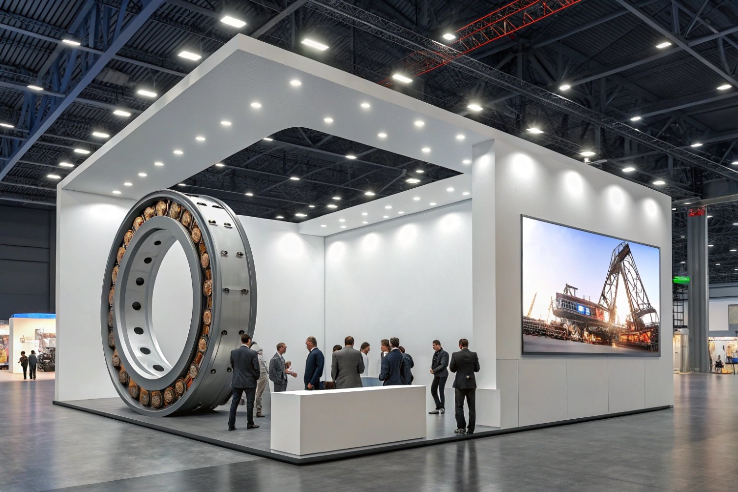 Industrial Bearing Exhibition Stand Large industrial bearing displayed at a modern trade show booth with professional attendees