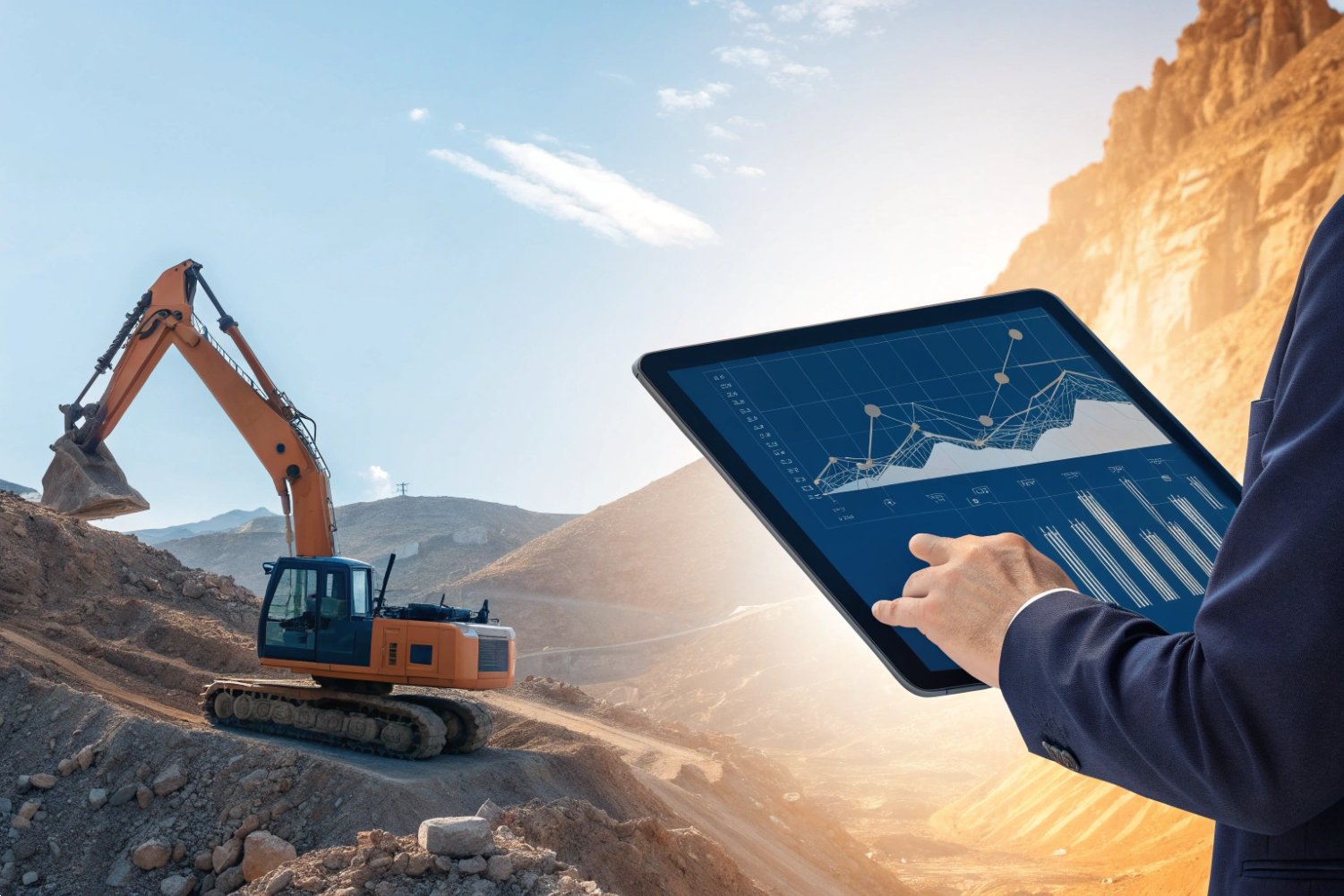 Digital Excavation Site Analytics Civil engineer using digital tablet with data graphs at mountain excavation site with excavator