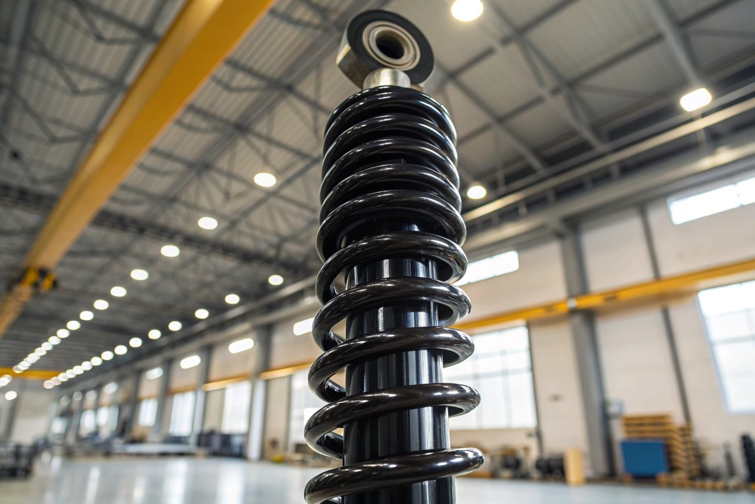 Industrial Shock Absorber Spring Large black industrial coil spring assembly inside a manufacturing facility.