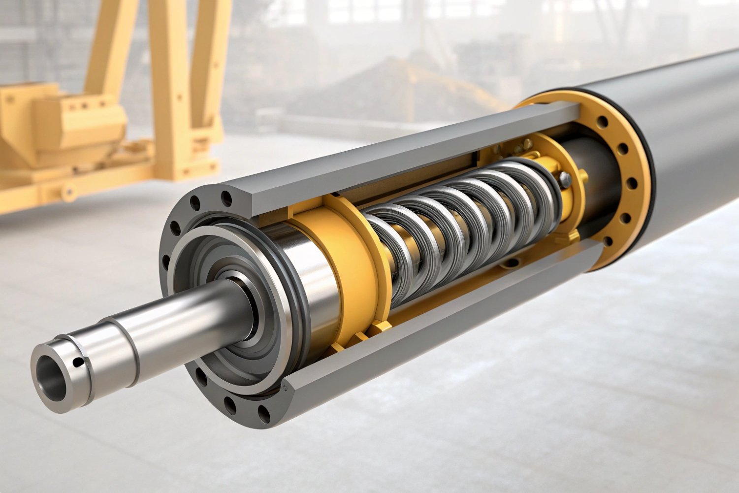 Hydraulic Cylinder Internal Structure Detailed 3D cross-section view of an industrial hydraulic cylinder with internal spring components.