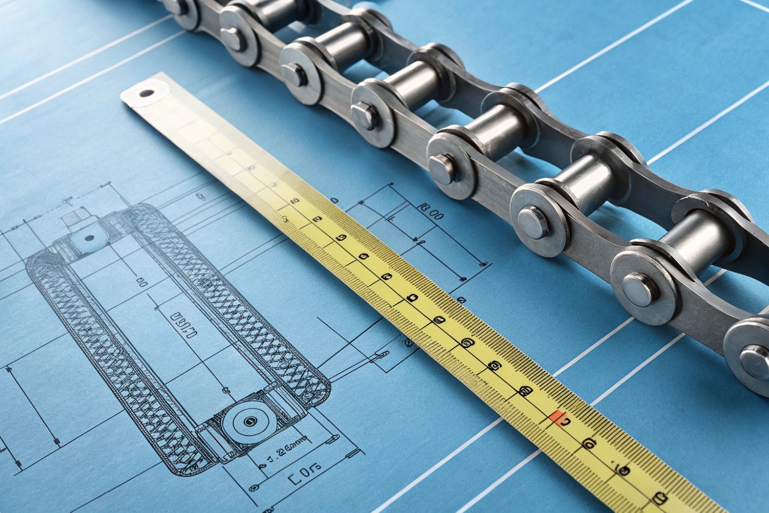 Engineering Chain Design Specifications Industrial roller chain placed over technical engineering blueprints with a measuring scale.