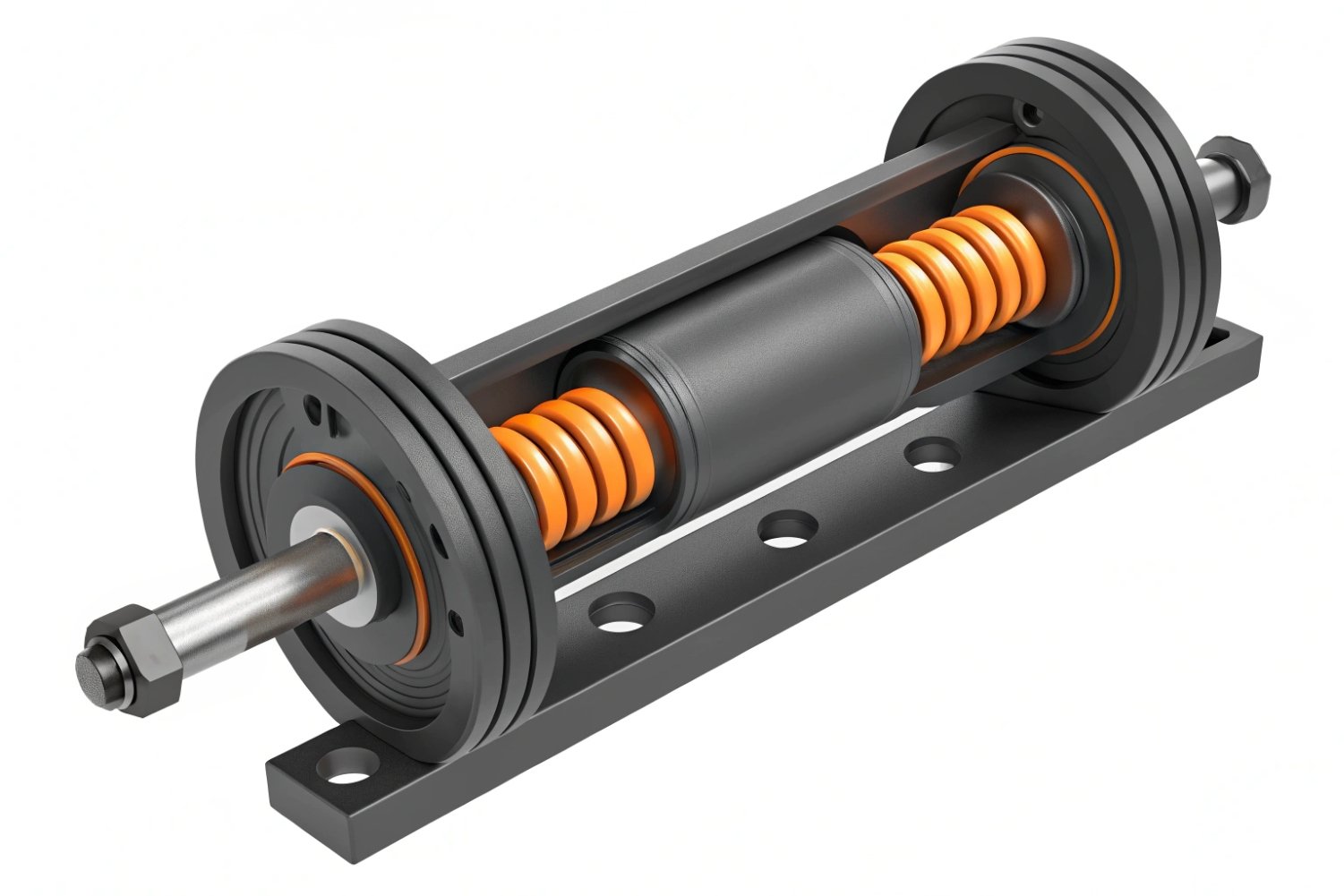 Mechanical Spring Dampener Model 3D model of an industrial mechanical dampener with orange springs and black housing.