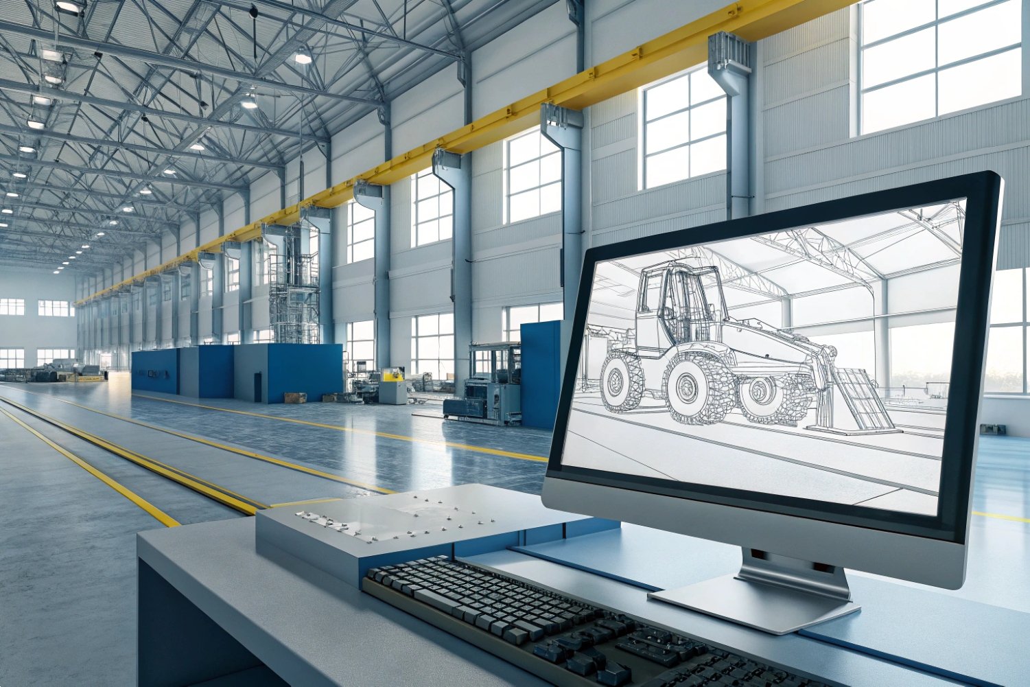 Digital Industrial Design Software A computer monitor displaying a digital blueprint of a loader inside a spacious industrial factory.