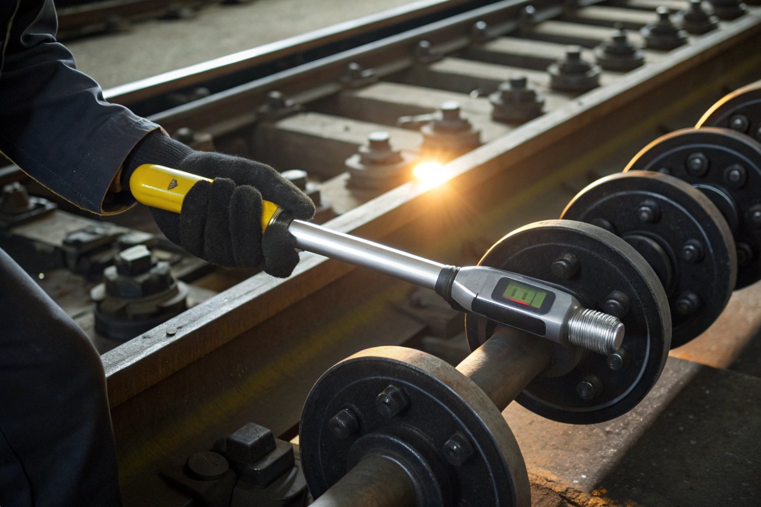 Railway Track Precision Tools Close-up of a digital torque wrench used for precision railway track fastening and maintenance.