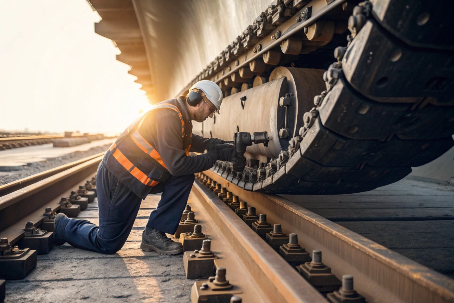 Railway Track Repair Services Railroad maintenance worker in safety gear using a pneumatic tool on heavy excavator tracks.