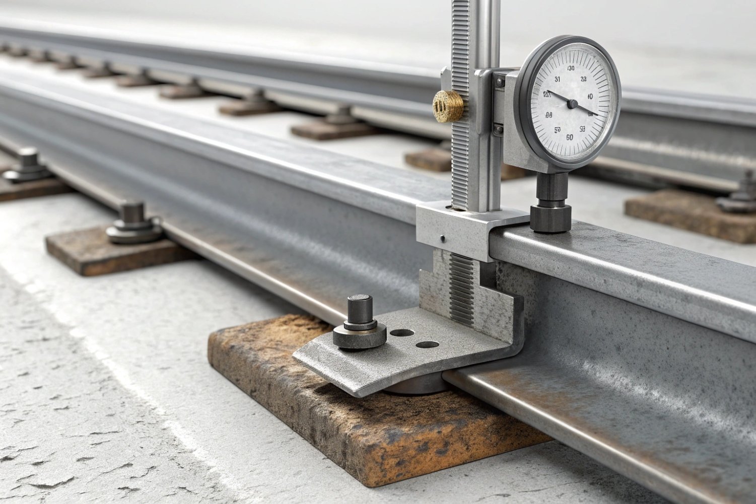 Railway Track Alignment Gauge Precision dial indicator gauge measuring the height and alignment of a steel railway track.