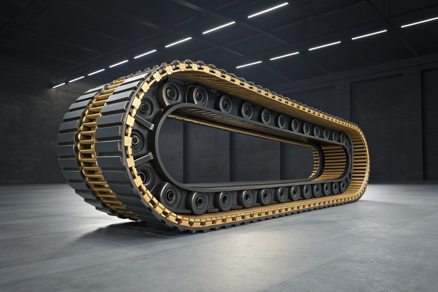 Heavy Machinery Track System High-end 3D rendering of a continuous track system for heavy armored or construction vehicles.