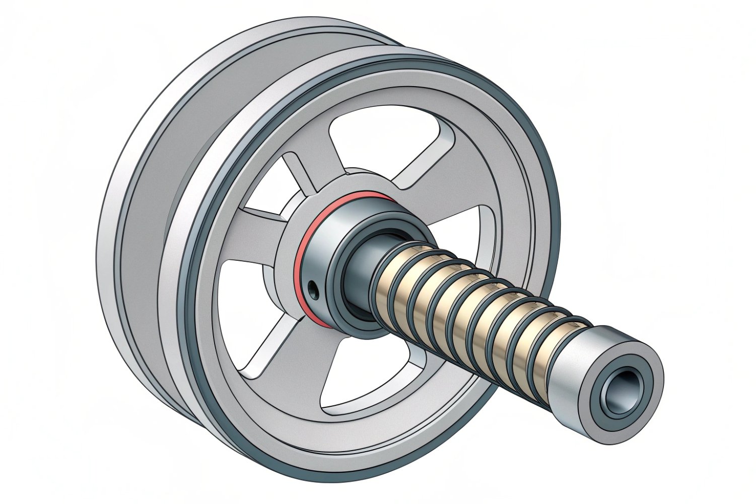 Pulley Tensioner System Diagram Technical 3D schematic of a mechanical pulley and spring tensioner assembly on a white background.