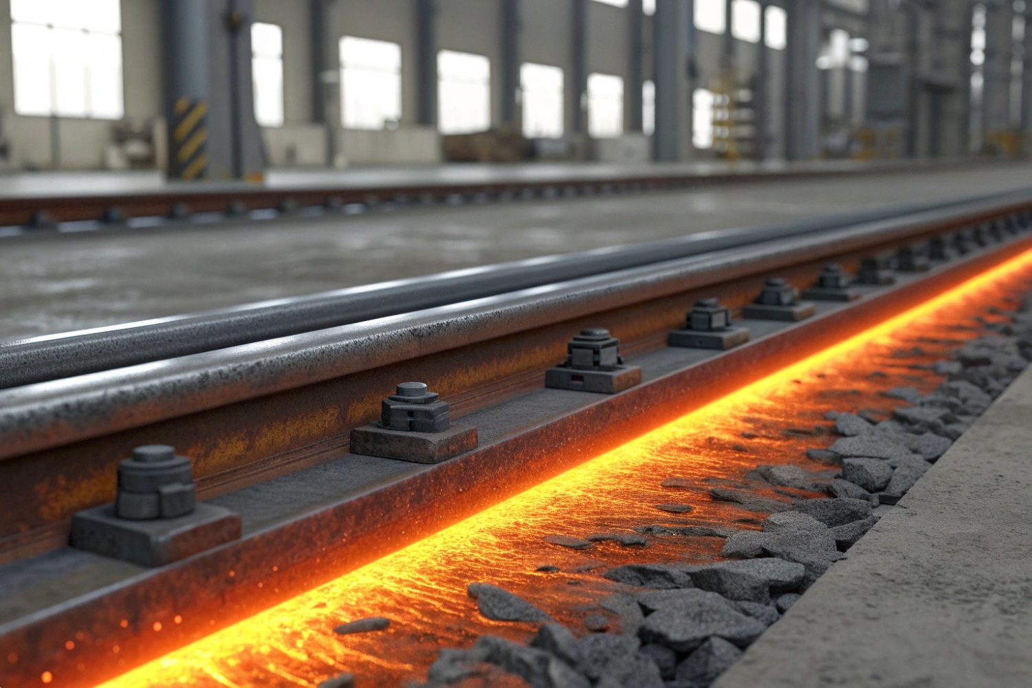 Heated Railway Track Manufacturing Steel railway tracks with glowing heat induction during industrial manufacturing