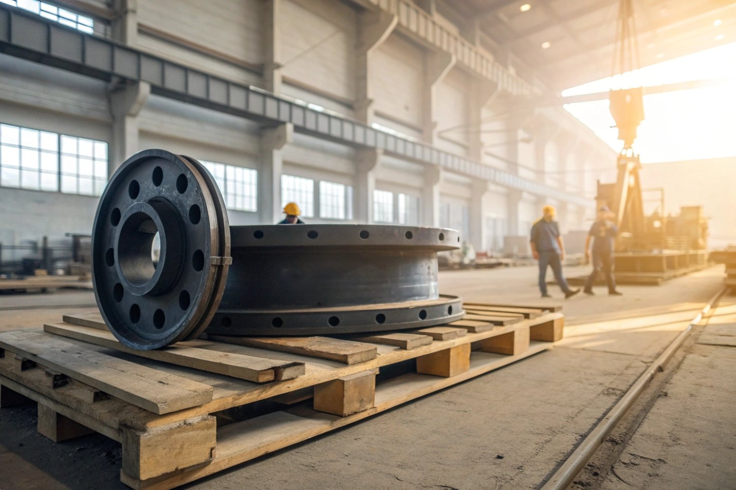 Heavy Industrial Pulley Wheels Large industrial steel pulley wheels on a wooden pallet in a workshop facility