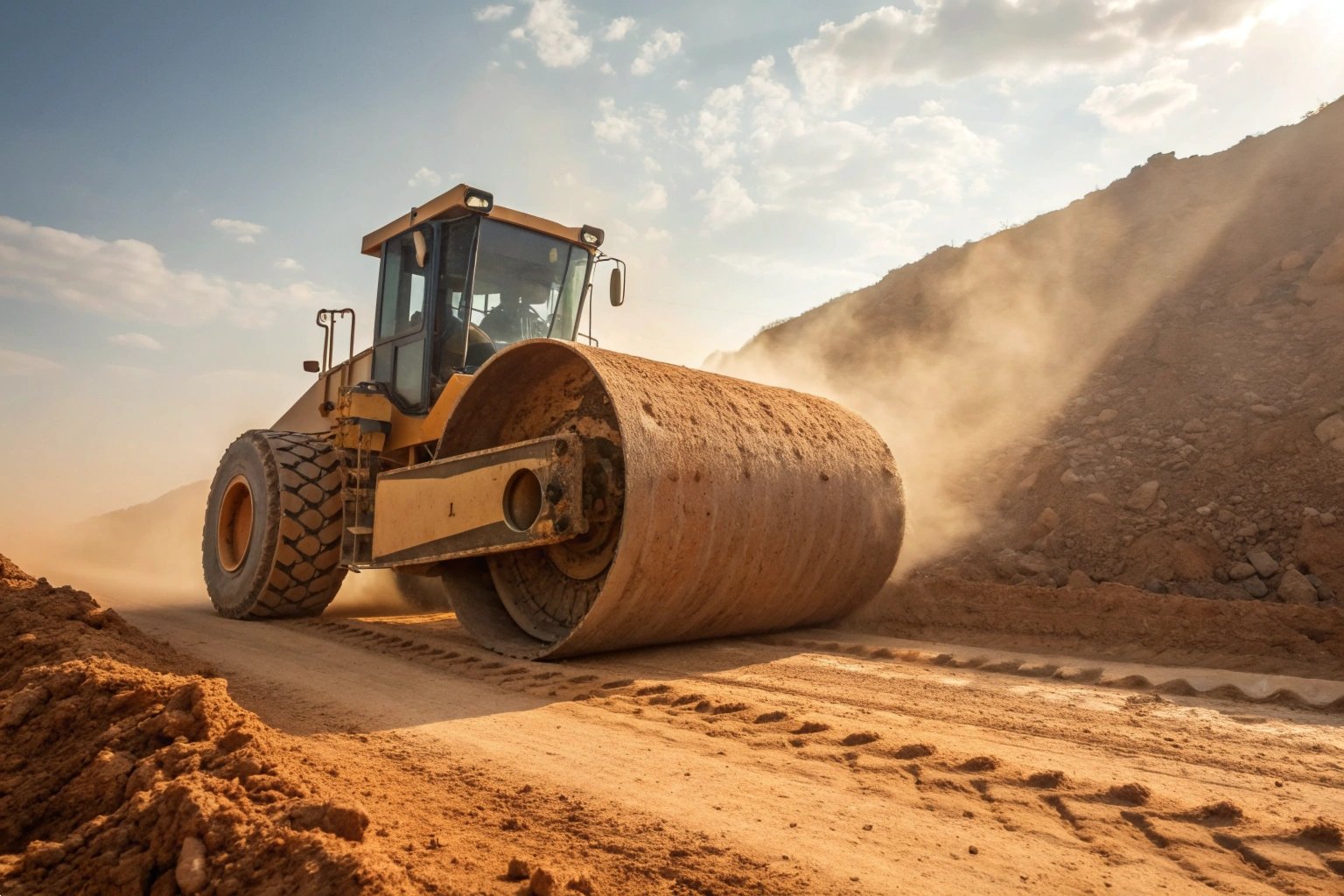 Mining Excavator Site Operation Heavy earthmoving excavator climbing a steep dirt road at an open-pit mining site