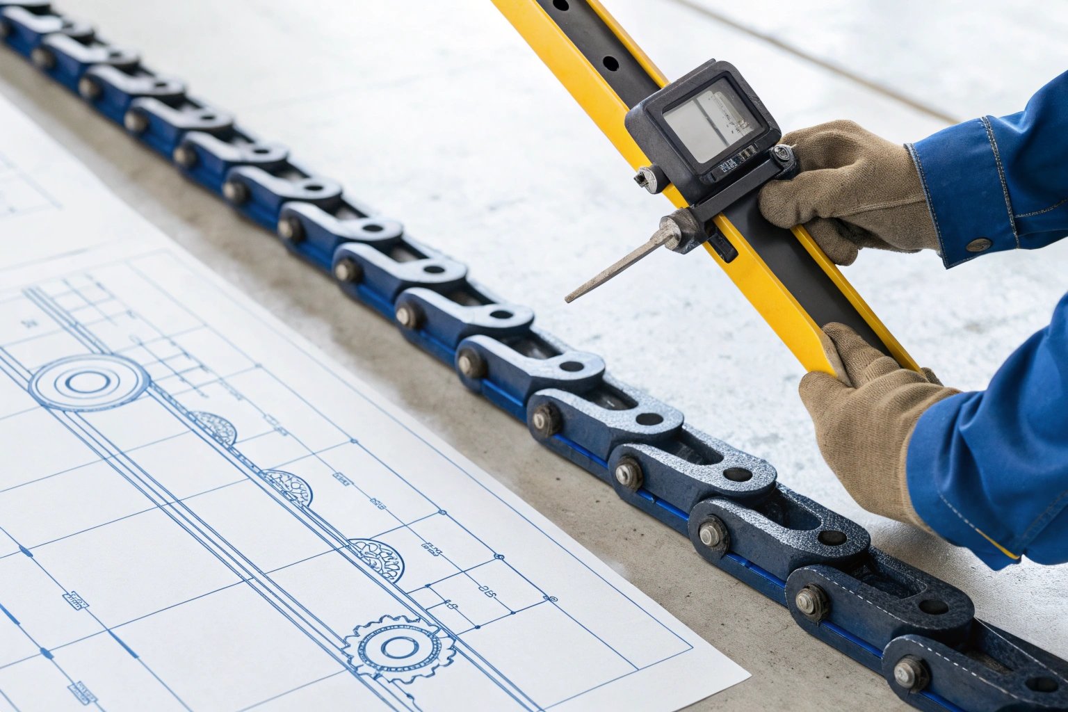 Industrial Chain Quality Inspection Engineer using a digital measurement tool on a heavy-duty industrial chain with technical blueprints.