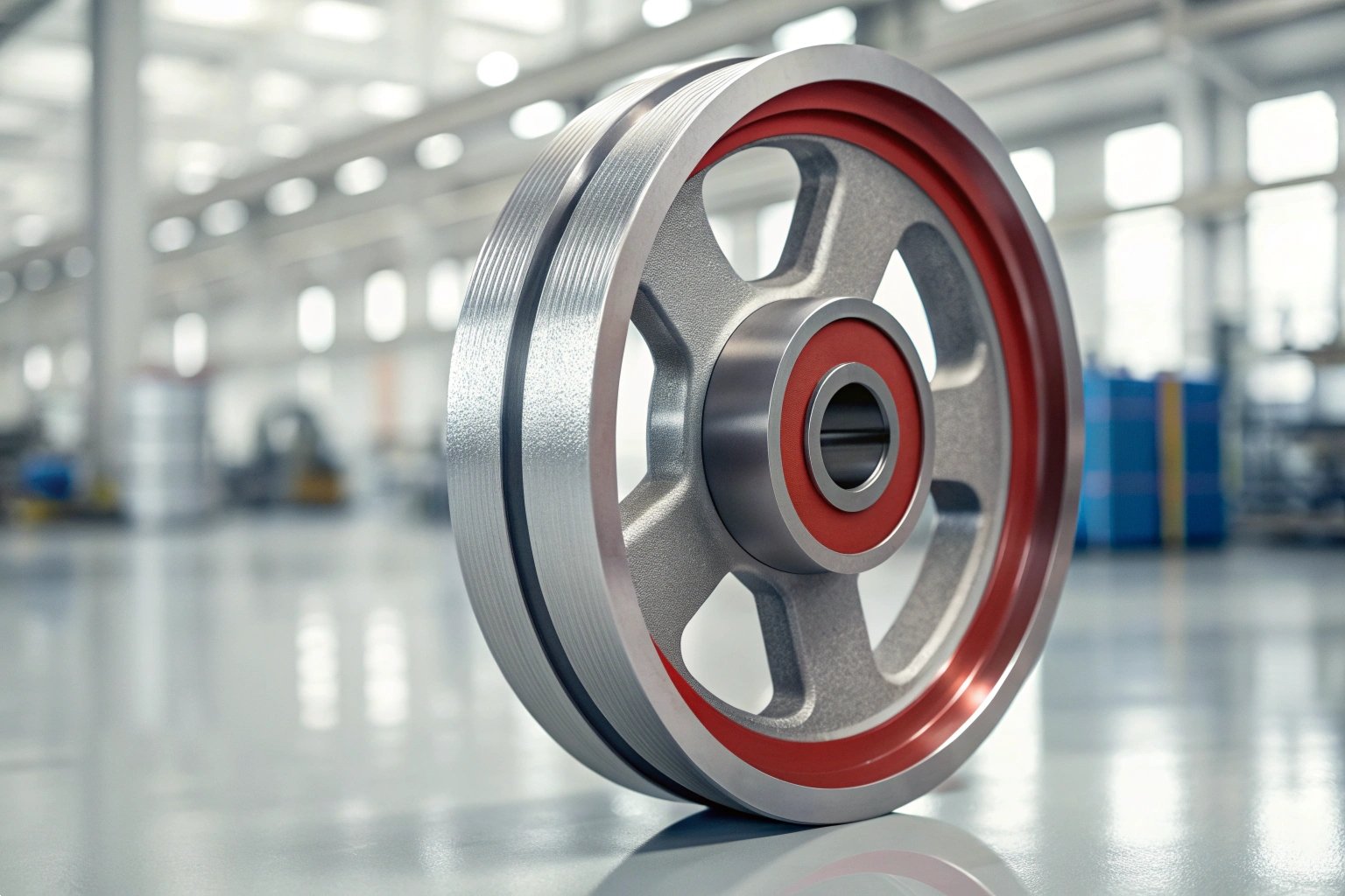 Machined Industrial Pulley Wheel Precision machined industrial pulley wheel with red protective coating in factory.