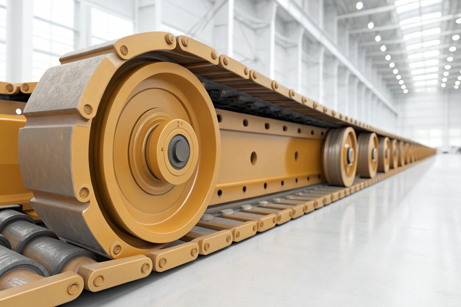 Cat Excavator Undercarriage Factory Yellow Cat Excavator Undercarriage Track Chain in a Clean, High-tech Factory Setting.