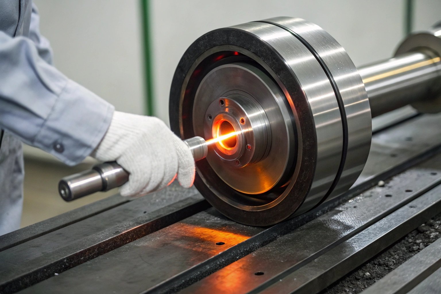 Laser Metal Heat Treatment,laser heat treatment,industrial metal processing,metal roller hardening,high-tech metal treatment,heavy-duty metal part processing Close-up of a high-tech laser heating process on a heavy-duty industrial metal roller.
