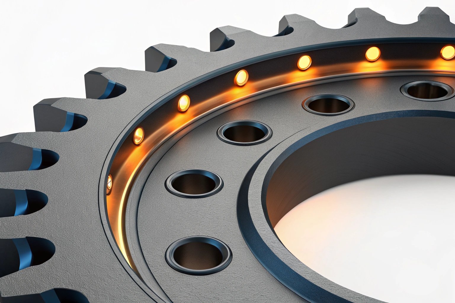 High-precision Industrial Gear 3D Rendering | Glowing Internal Sensors | Industrial Machinery Component | Engineering Gear 3D rendering of a high precision industrial gear with glowing internal sensors.