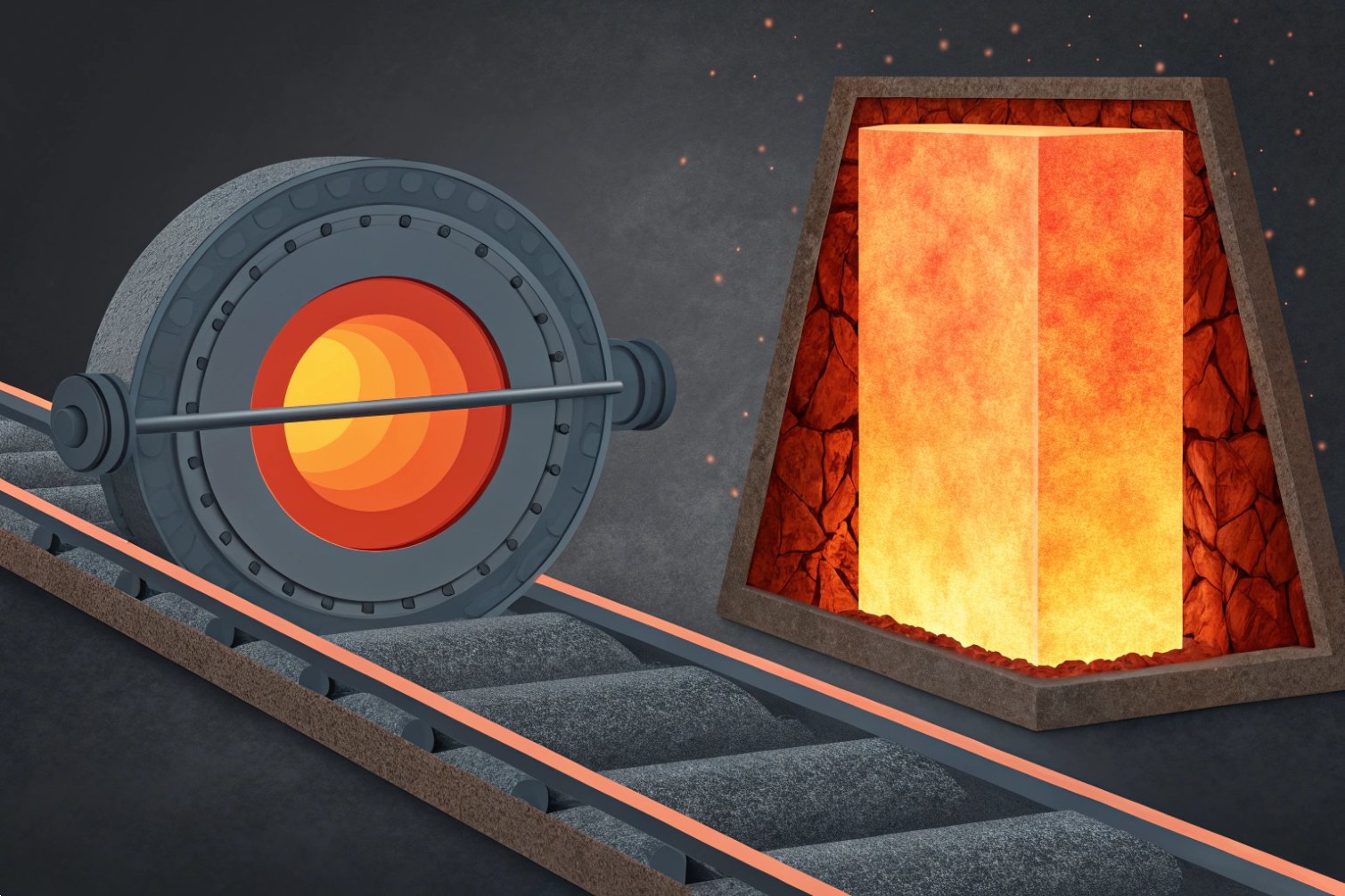 Steel production process Hot steel rod rolling in a factory facility, showing steel production process.