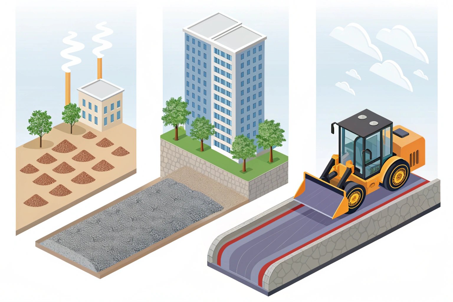 Construction Phases Process illustration of materials from factory to construction site.