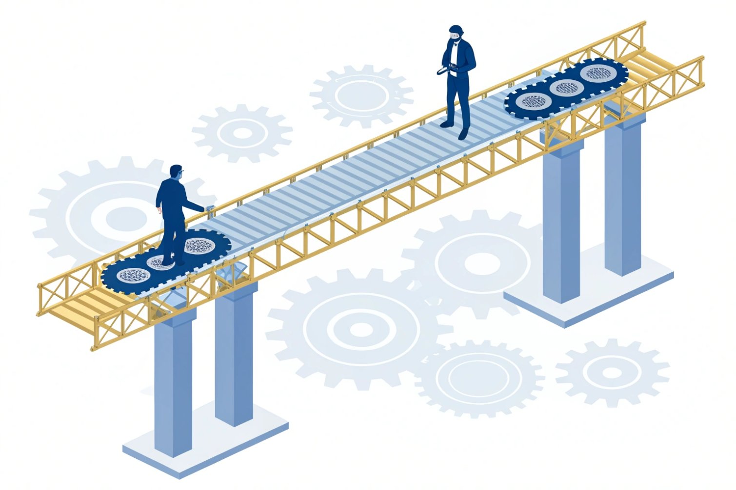 Engineering Concept Illustration depicting gear components on conveyor bridge.