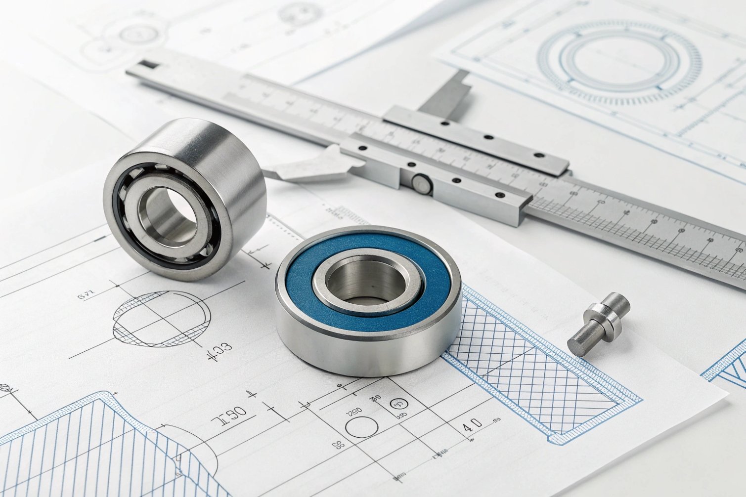Engineering precision Precision bearings with detailed engineering blueprints in the background, showcasing design expertise.
