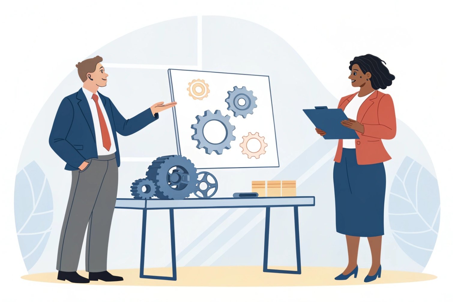 Product innovation Professionals discussing gears in business setting, illustrating product innovation and planning.