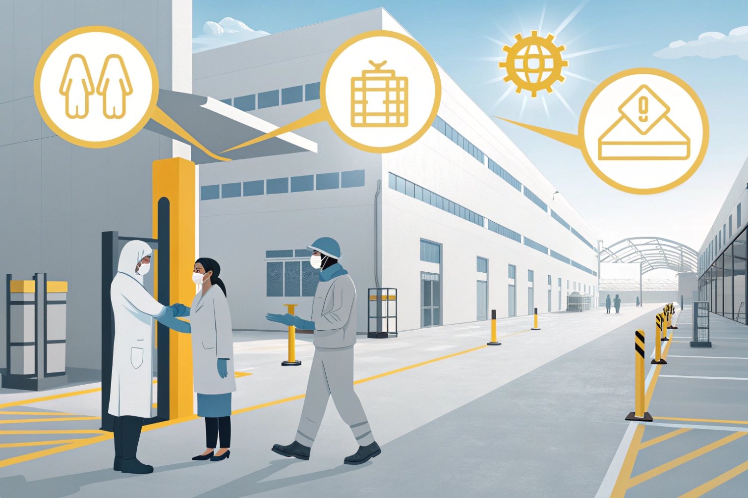 Procedimientos de seguridad Ilustración de una fábrica con protocolos de seguridad implementados.