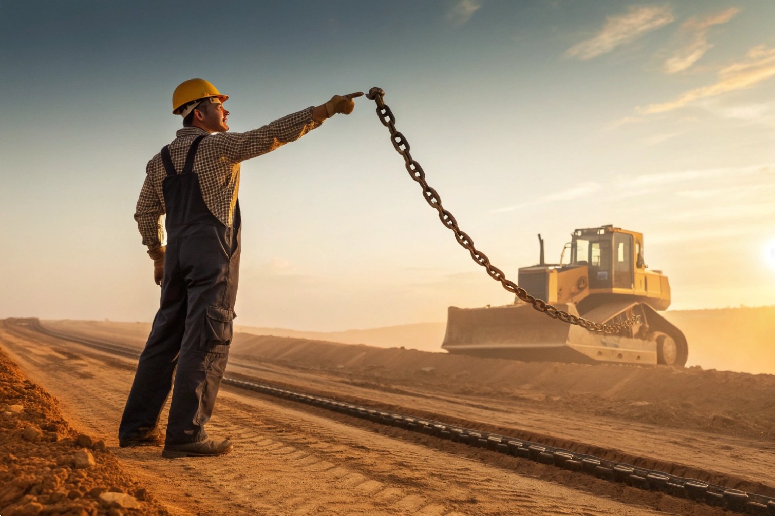 Bulldozer Guide Worker with chain guiding bulldozer at sunrise