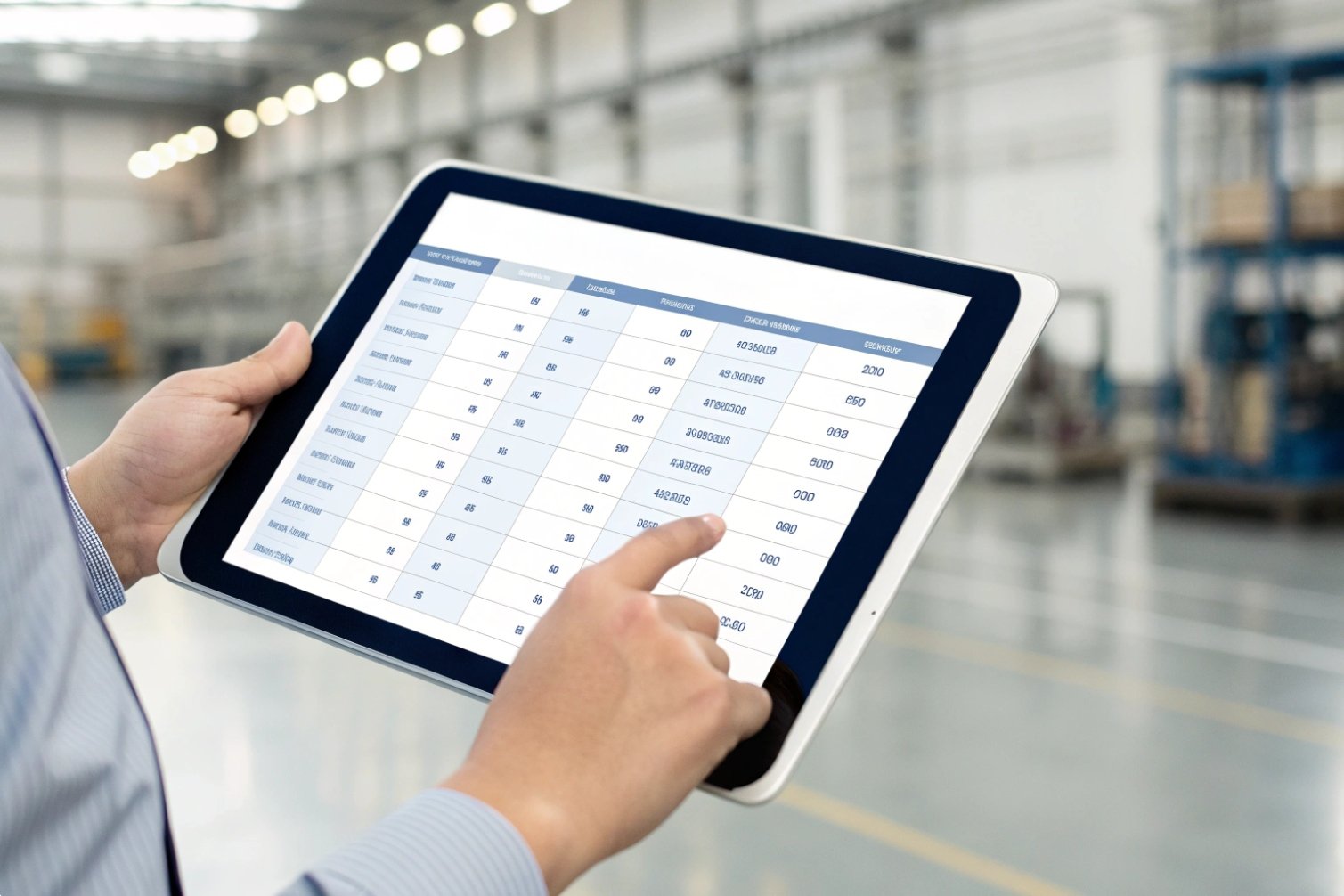 Digital inventory Industrial environment showing tablet displaying inventory data. Gloved hand interacting with screen.