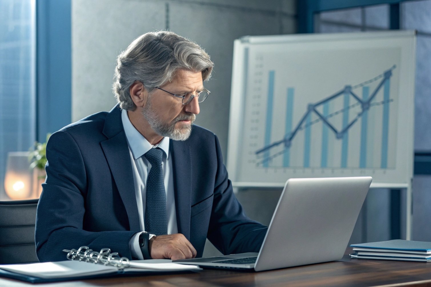 Office analysis Businessman at laptop in office with financial chart blurred.