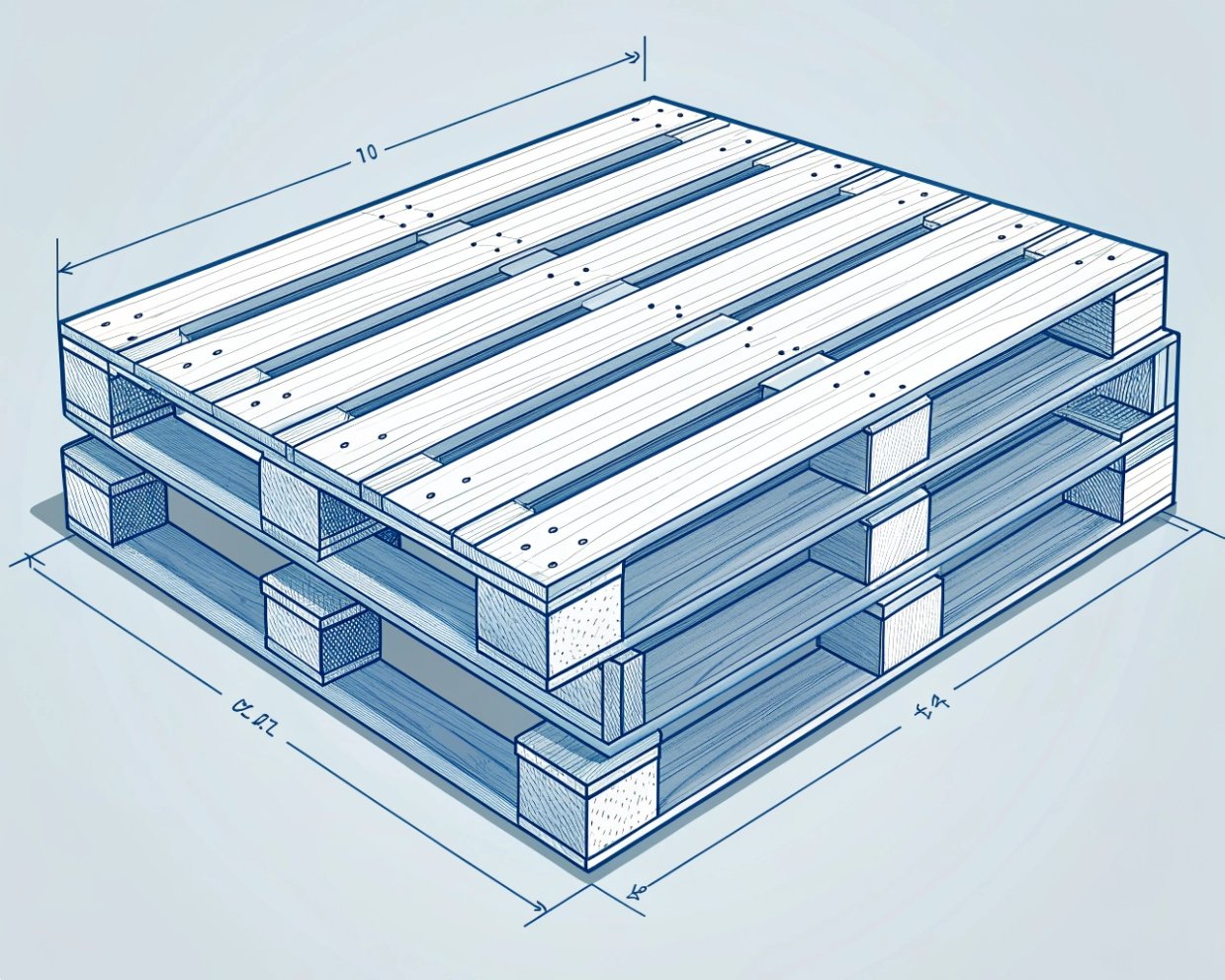 Wooden shipping pallet blueprint Technical blueprint drawing of a wooden shipping pallet with dimensions and construction details