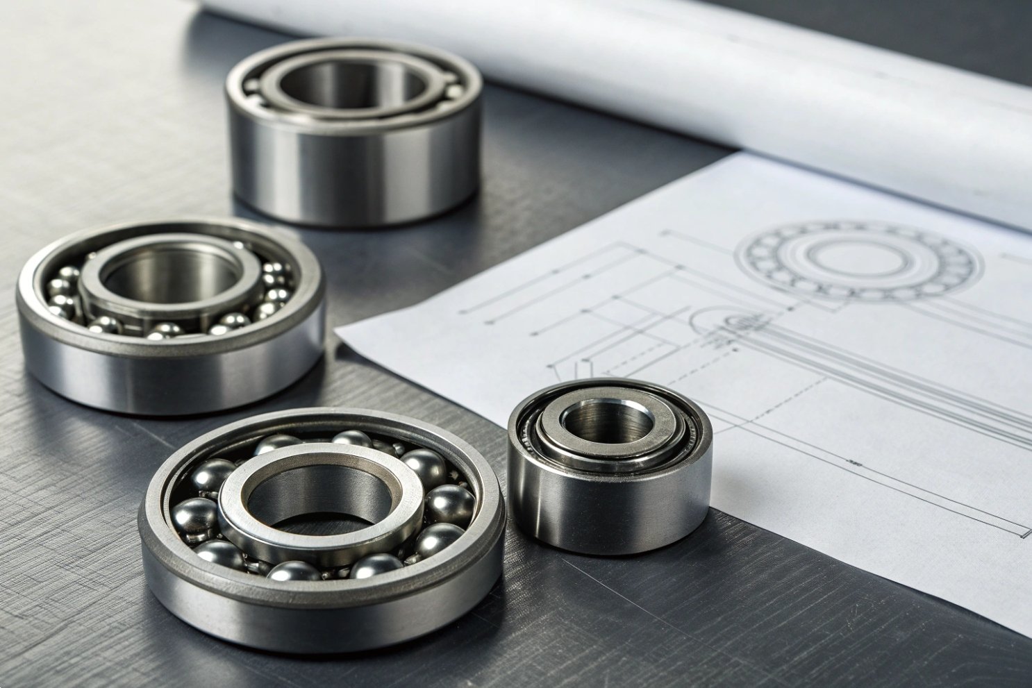 Mechanical Component Engineering Various metal ball bearings arranged on a desk next to technical engineering drawing schematics.