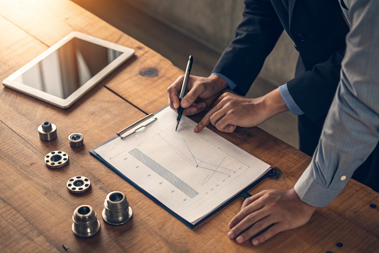 Engineering Data Analysis Close-up of industrial professionals reviewing technical performance charts and mechanical parts.