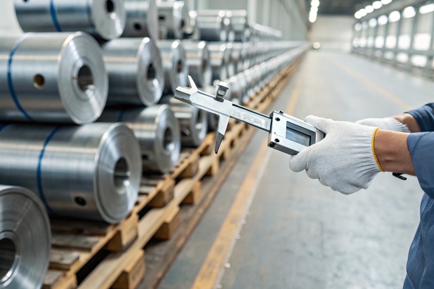 Precision Metal Quality Control Worker using digital calipers to measure high-precision metal steel rolls in an industrial factory.