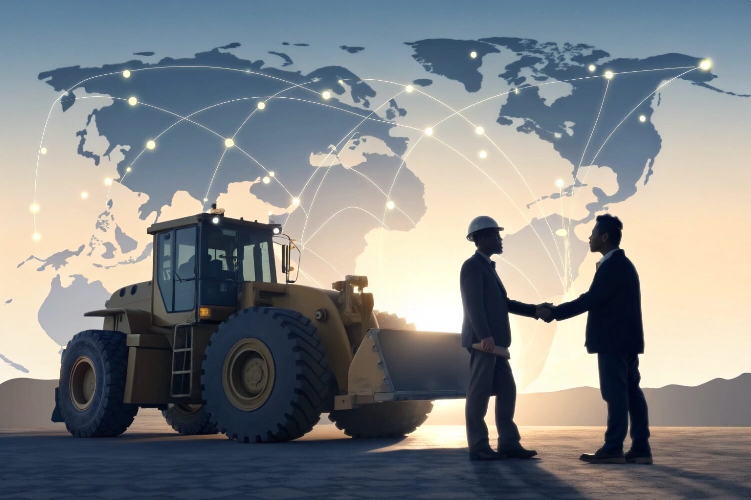 International Construction Equipment Trade Two professionals shaking hands in front of heavy machinery and world map