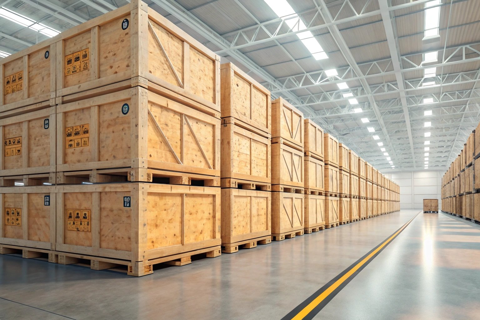Warehouse Shipping Crate Storage Large warehouse interior with stacked wooden shipping crates ready for global logistics distribution