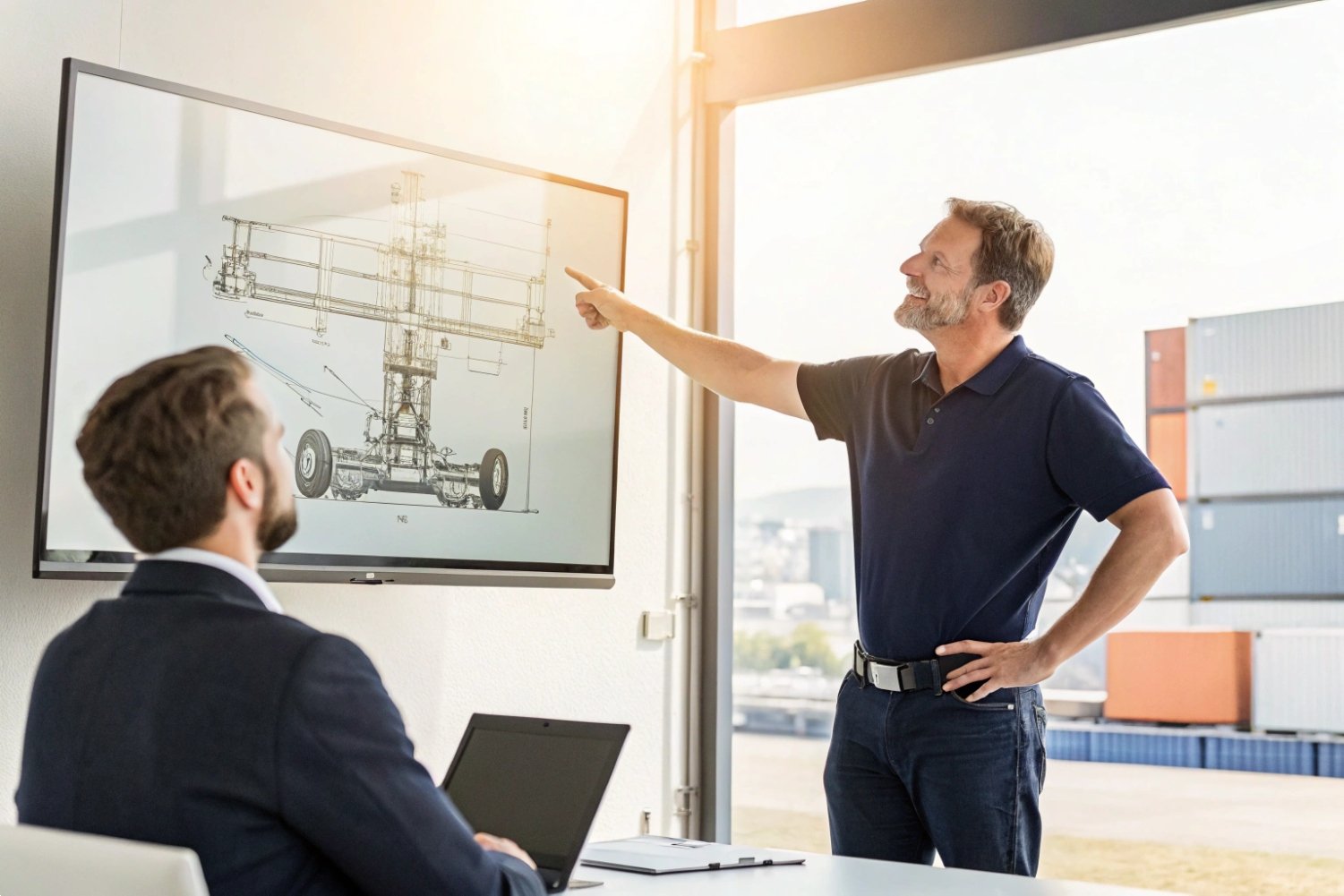 Mechanical Design Presentation Technical presentation showing detailed mechanical drawings on a large screen in a boardroom.